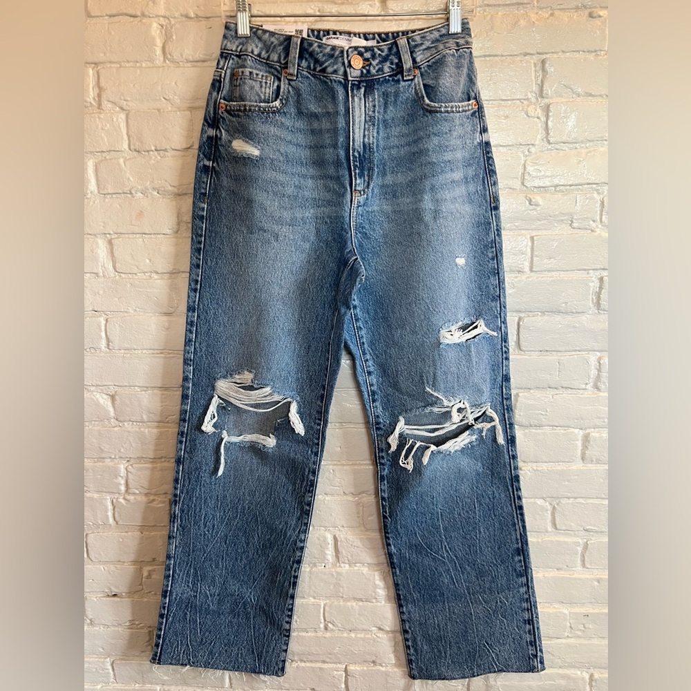 Dark Wash Straight Leg Jean with Rips